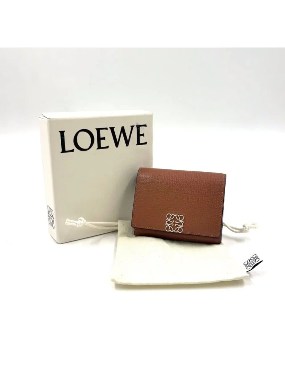 Loewe Anagram Trifold Wallet Compact Leather Brown Silver
